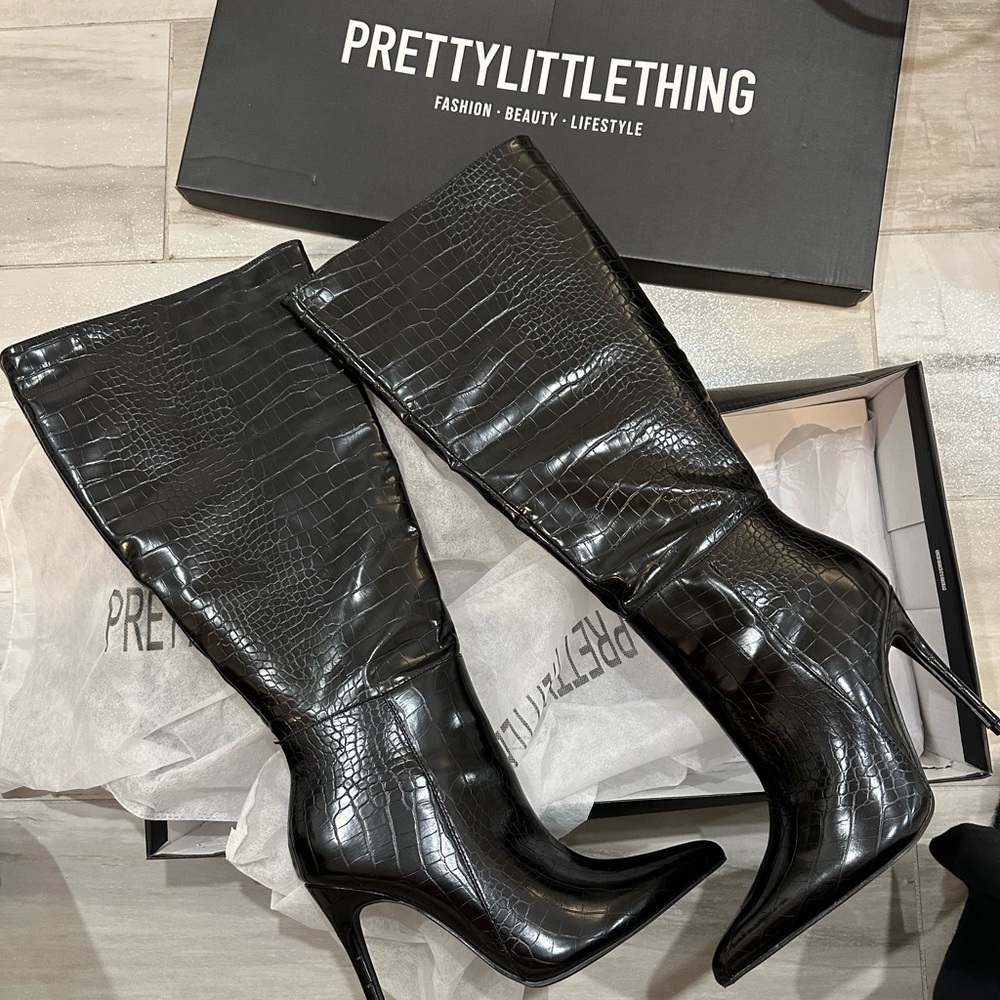 PrettyLittleThing Glossy Black Croc Heeled Boots